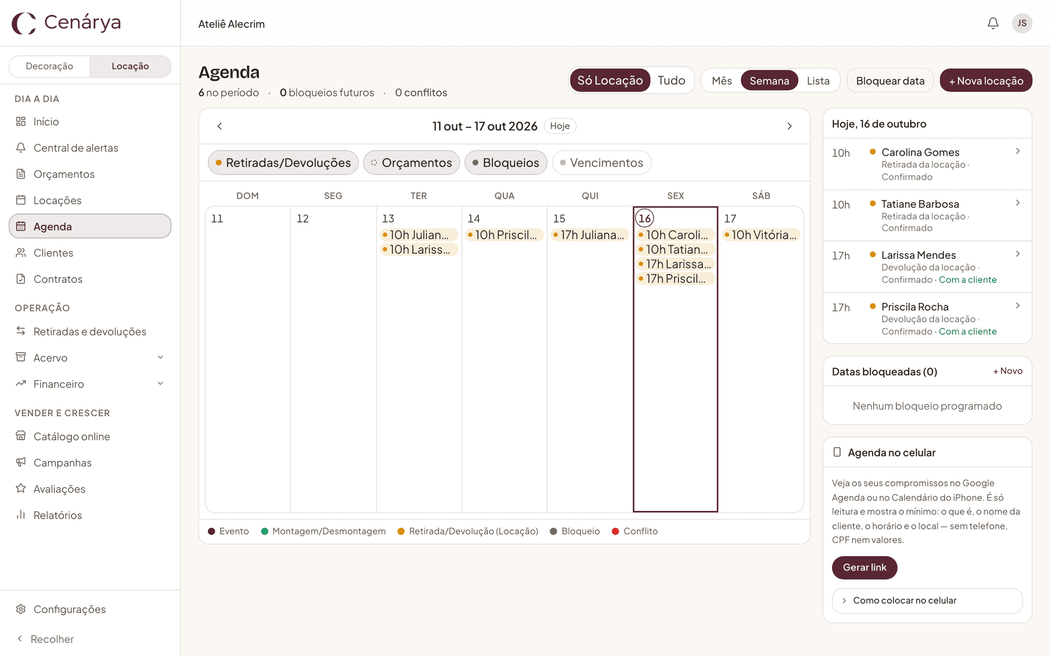 Agenda da semana no computador, modo Locação, com as retiradas e as devoluções de cada dia.