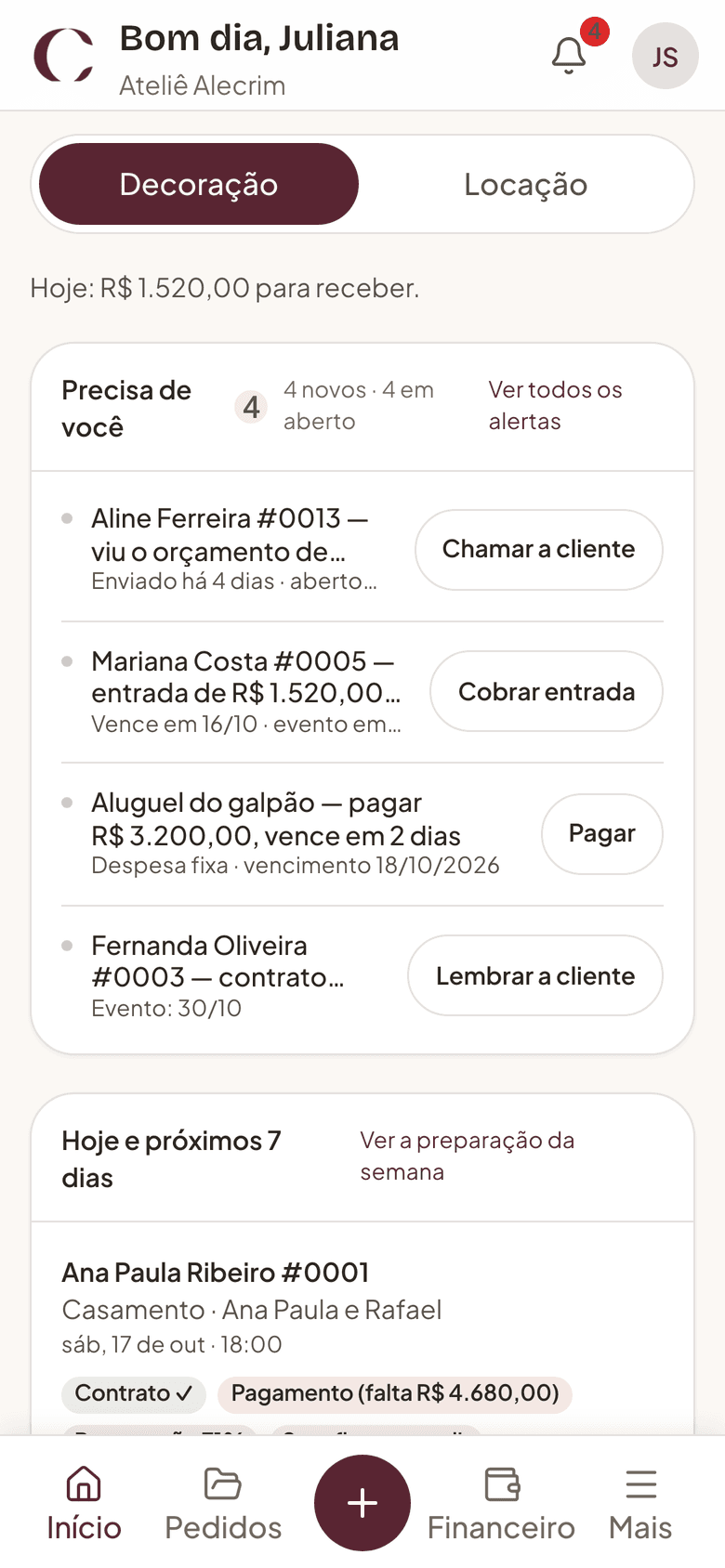 Tela inicial no celular, modo Decoração: saudação, o resumo do dia e a lista do que precisa da decoradora, com o botão para resolver ao lado.