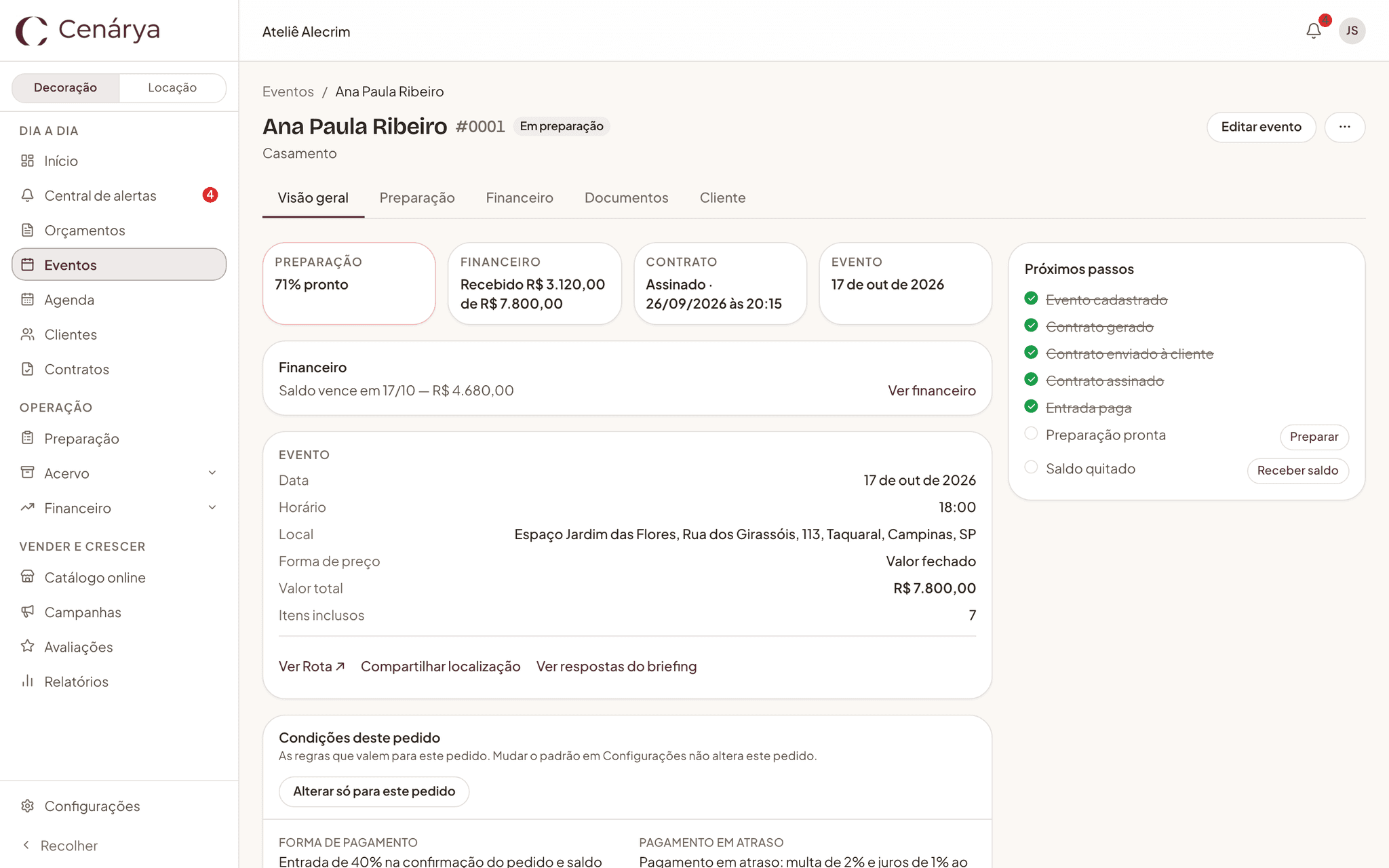 Visão geral de um casamento no computador: contrato assinado, entrada paga, preparação em andamento e os próximos passos.