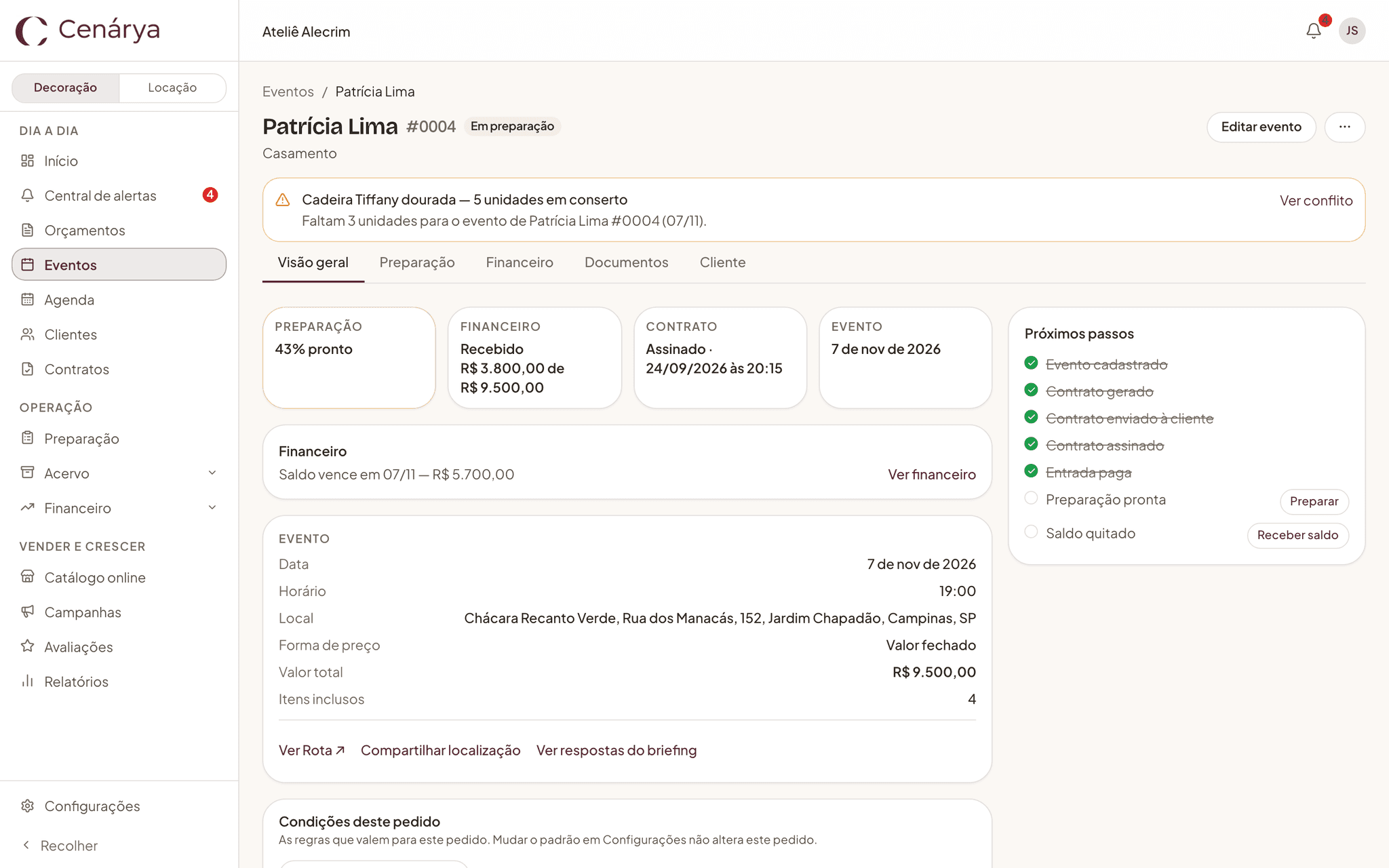 Pedido no computador com o aviso de falta de peça: cinco unidades em conserto e três faltando para o evento.