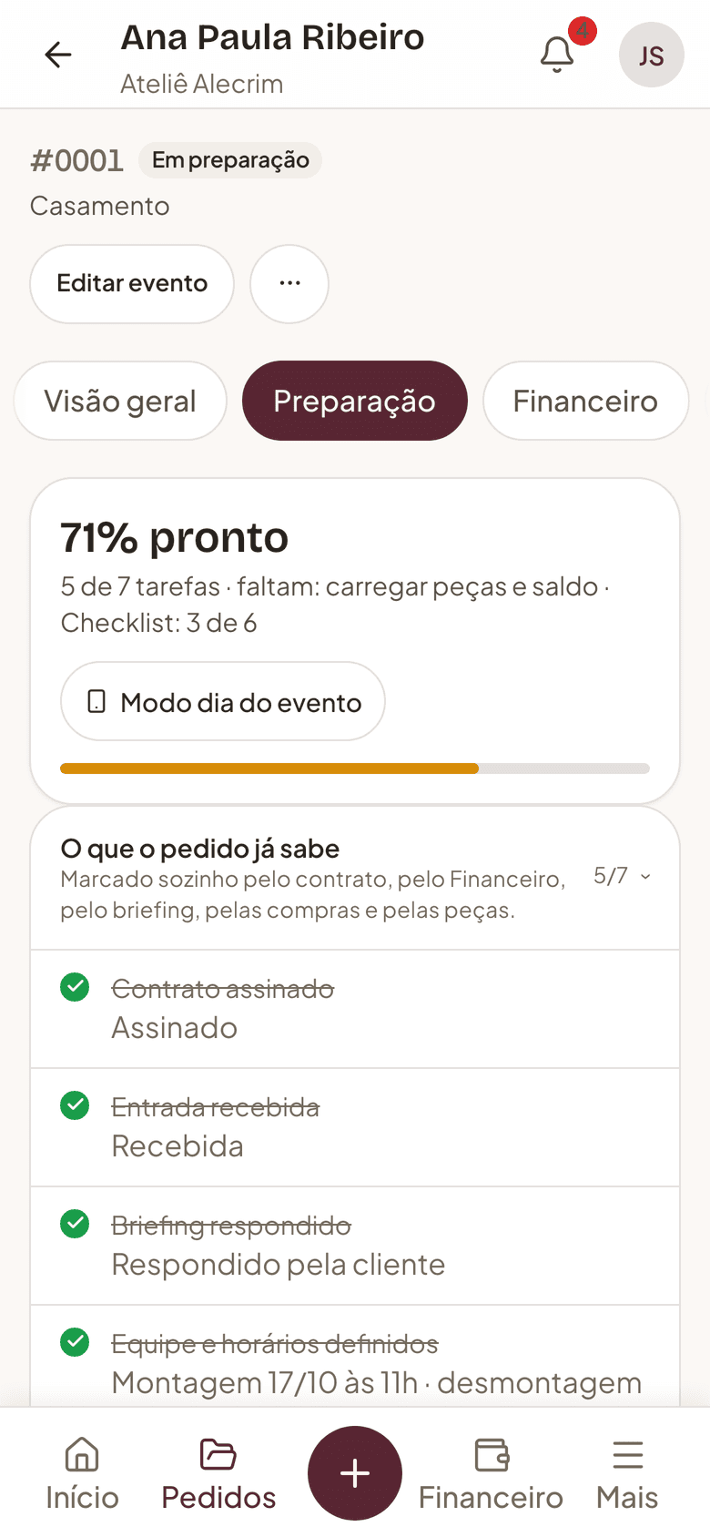 Preparação do evento no celular: a lista do que separar, conferir e carregar, com quanto já está pronto.